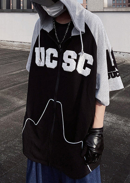Cotton Patchwork Short Black Hooded Men Sweatshirt Boutique