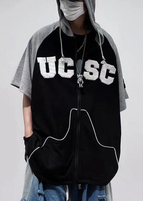 Cotton Patchwork Short Black Hooded Men Sweatshirt Boutique