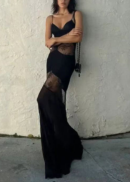 Silk Summer Spaghetti Strap Lace Patchwork Dress Boutique Black