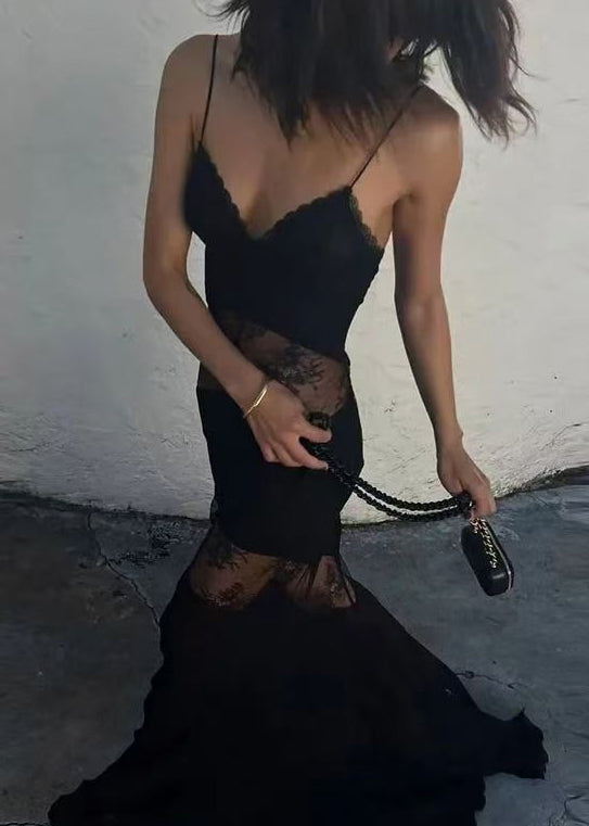 Silk Summer Spaghetti Strap Lace Patchwork Dress Boutique Black