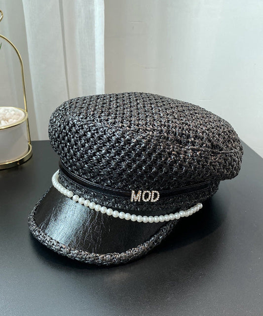 Bead Straw Boutique Woven Zircon Nail Beret Hat Black