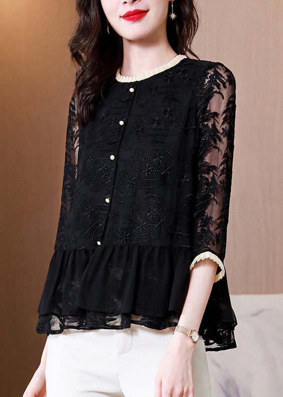 Shirt O-Neck Boutique Black Summer Top Silk Embroidered