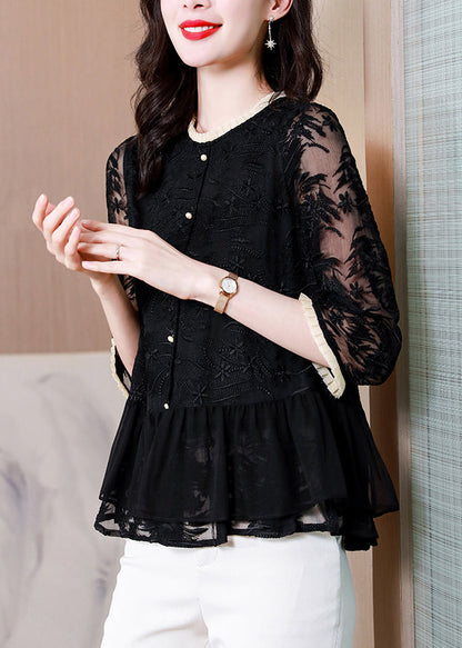 Shirt O-Neck Boutique Black Summer Top Silk Embroidered