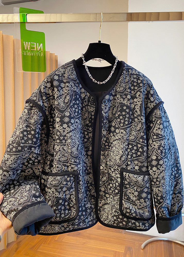 O Fine Boutique Black Neck Jackets Filled Pockets Print Cotton