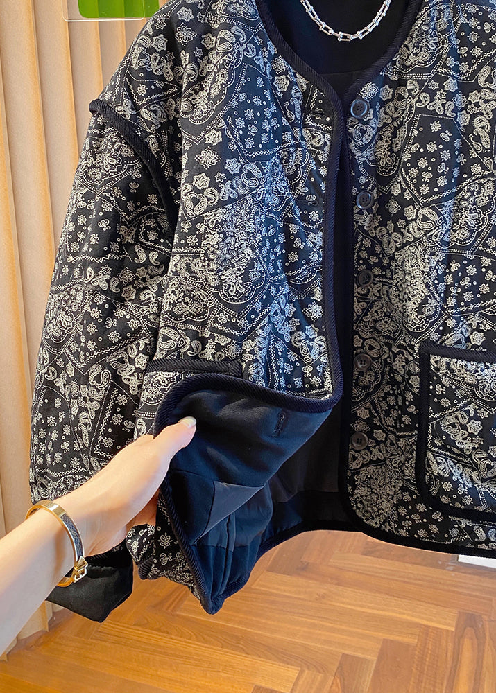 O Fine Boutique Black Neck Jackets Filled Pockets Print Cotton