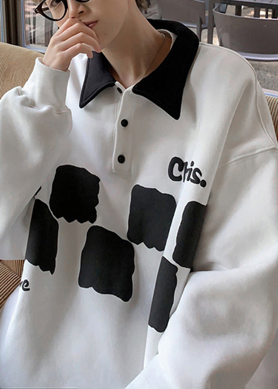 Boutique Black Peter Pan Collar Print Cotton Mens Loose Sweatshirts Top Fall EQ004