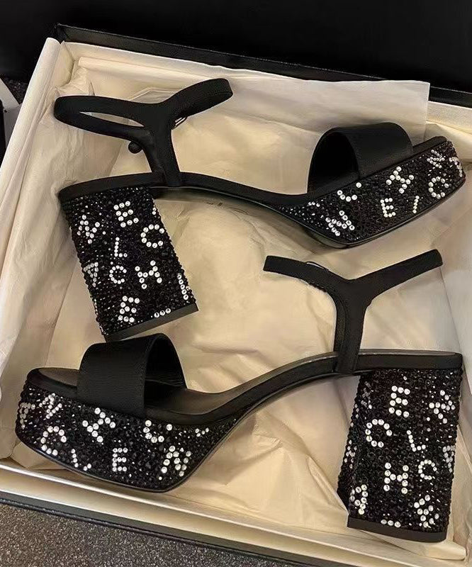 Boutique Black Sandals Chunky Heel Splicing Peep Toe Letter Zircon OI027