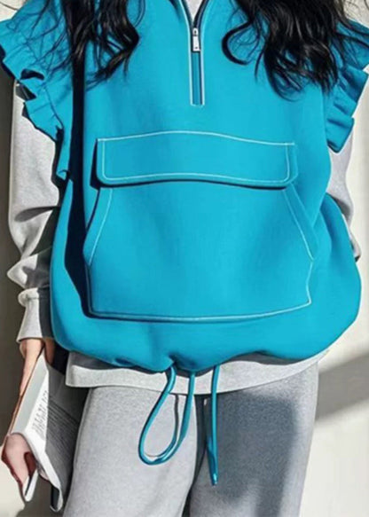 Boutique Blue Ruffled Patchwork Drawstring Cotton Vest Sleeveless TN042