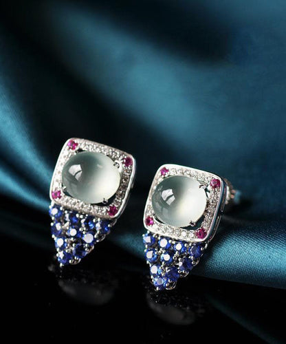 Boutique Blue Sterling Silver Zircon Gem Stone Chalcedony Stud Earrings ET032