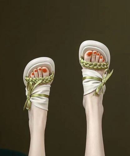Boutique Bow Splicing Chunky Green Faux Leather Slide Sandals DD1032