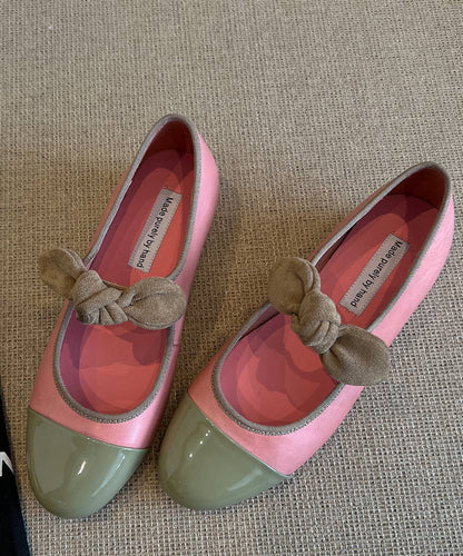 Shoes Green Bow Leather Flat Feet Boutique Splicing Cowhide