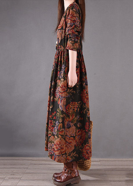 Cinched Holiday Print Dress Boutique Cotton Spring Brown