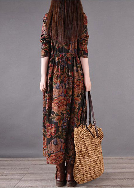 Cinched Holiday Print Dress Boutique Cotton Spring Brown