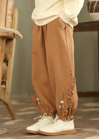 Boutique Coffee Embroideried Ruffled Patchwork Girls Harem Pants TV008