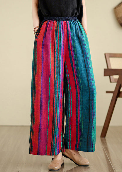 Boutique Colorblock Pockets Striped Linen Wide Leg Pants Summer TH052