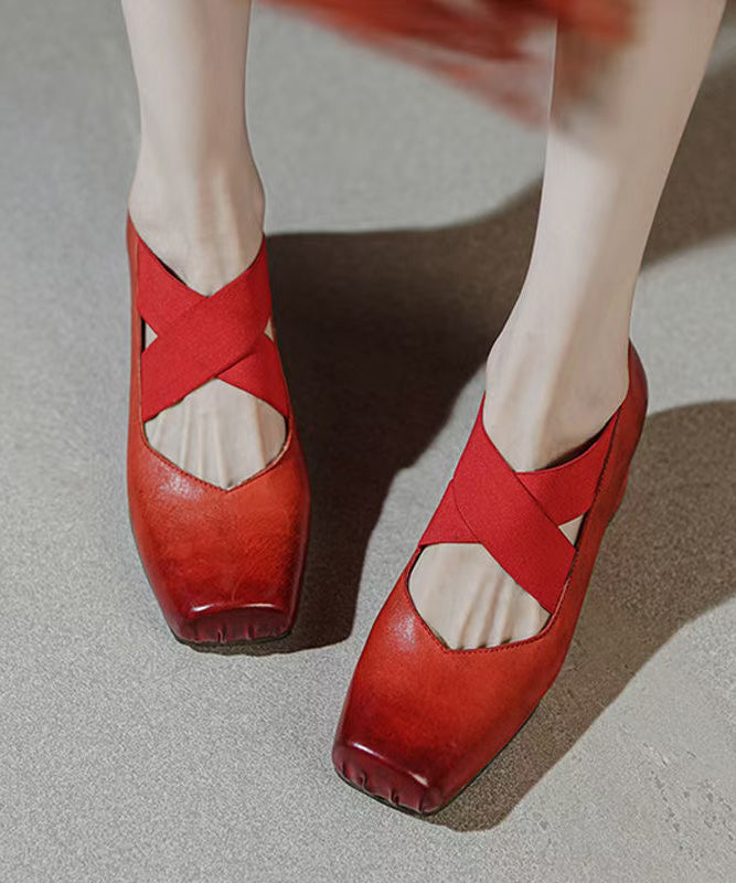 Boutique Heel Chunky Cross Red Strap Horsehide Leather Splicing