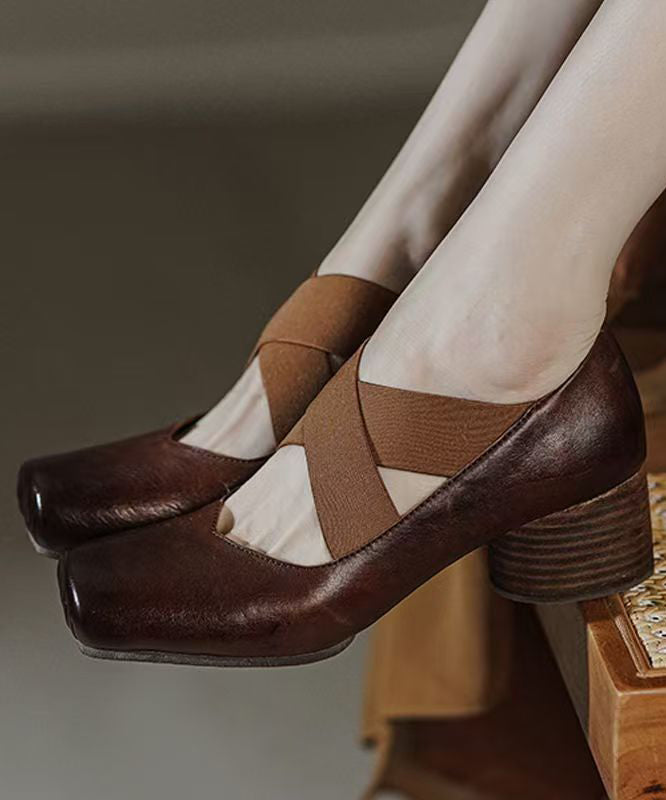 Boutique Heel Chunky Cross Red Strap Horsehide Leather Splicing