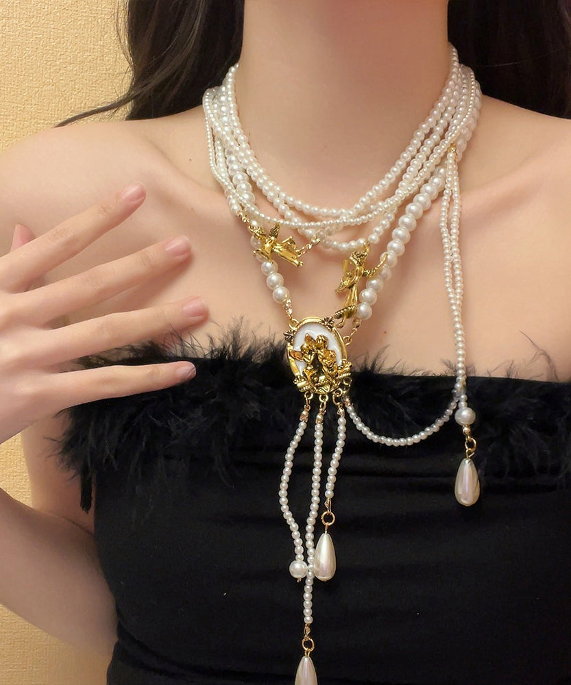 Boutique Gold Alloy Pearl Beading Tassel Pendant Necklace YA033