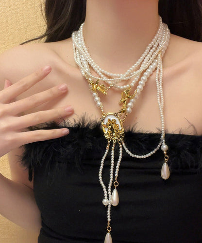 Boutique Gold Alloy Pearl Beading Tassel Pendant Necklace YA033