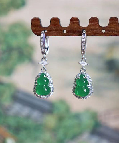 Boutique Green Sterling Silver Inlaid Zircon Jade Gourd Drop Earrings ZZ076