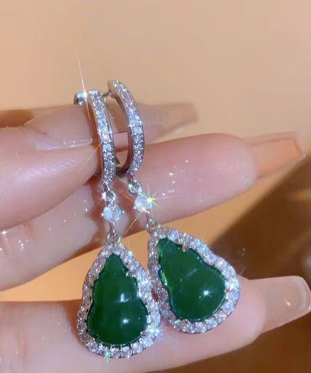 Boutique Green Sterling Silver Inlaid Zircon Jade Gourd Drop Earrings ZZ076