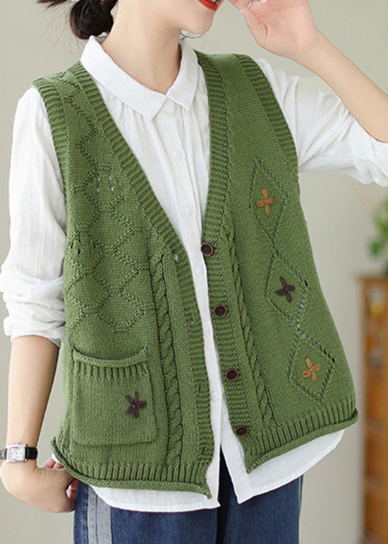 Boutique Green V Neck Embroidered Knit Vest Fall QA033