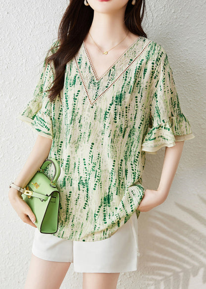 Boutique Green V Neck Print Chiffon Shirt Butterfly Sleeve TH027