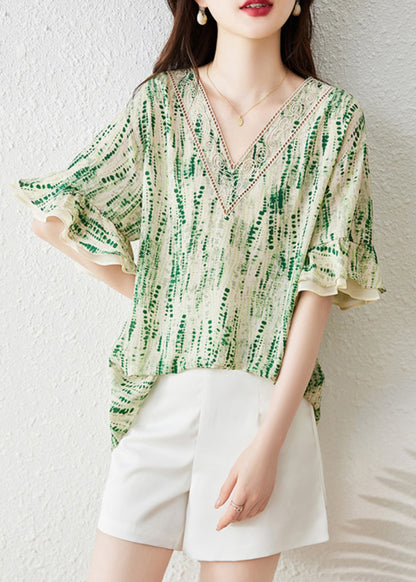 Boutique Green V Neck Print Chiffon Shirt Butterfly Sleeve TH027