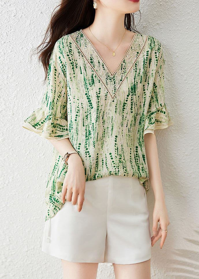 Boutique Green V Neck Print Chiffon Shirt Butterfly Sleeve TH027