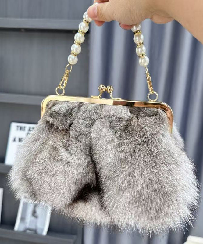 Boutique Linked Messenger Grey Fur Fluffy Chain Fuzzy Bag