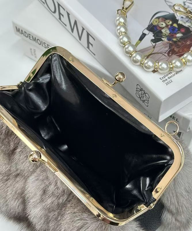 Boutique Linked Messenger Grey Fur Fluffy Chain Fuzzy Bag