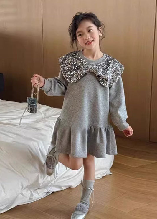 Boutique Grey Neck Sequins Girls Mid Dress Spring TV037