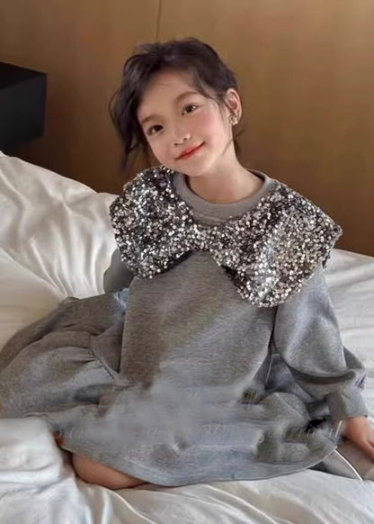 Boutique Grey Neck Sequins Girls Mid Dress Spring TV037