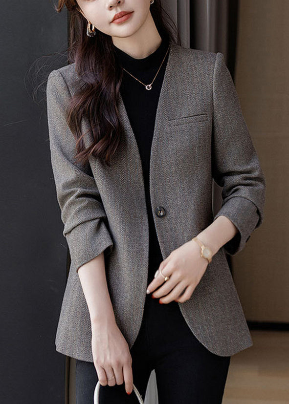 Boutique Grey V Neck Woolen Formal Coats Spring YJ016