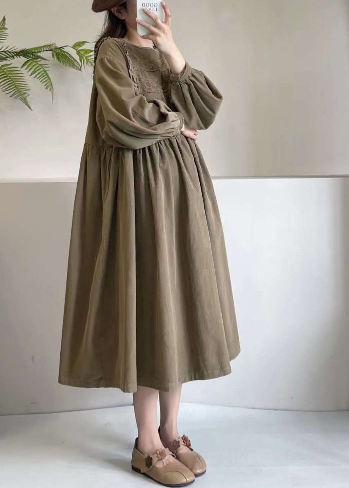 Khaki Corduroy Boutique Dress Maxi Spring Embroidered