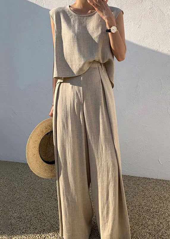 Shirt Pieces T Wide And Pants O-Neck Two Khaki Set Leg Boutique