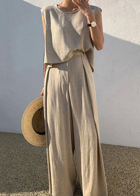 Shirt Pieces T Wide And Pants O-Neck Two Khaki Set Leg Boutique