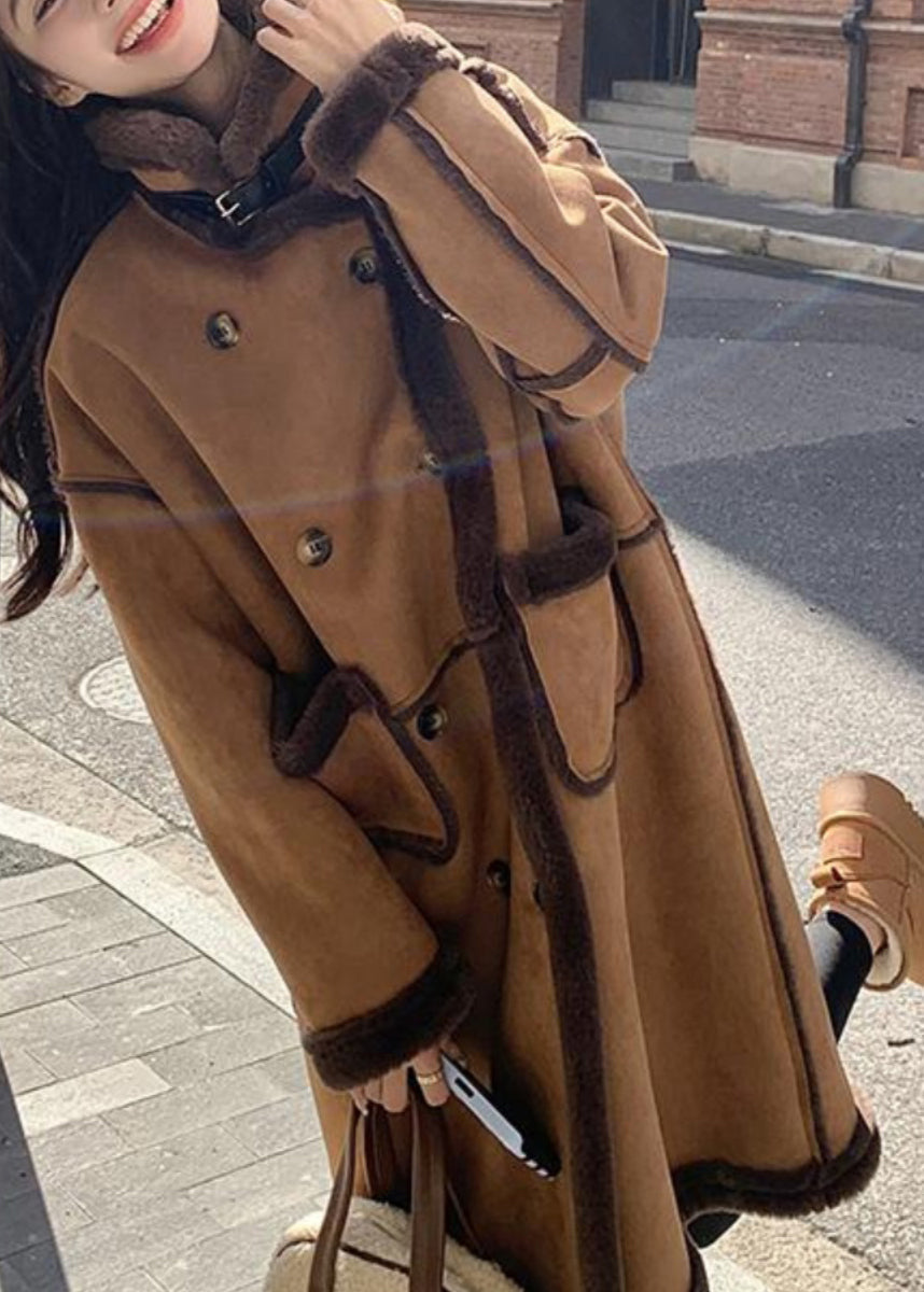 Boutique Khaki Pockets Patchwork Faux Suede Fleece Wool Lined Coat Winter YY008