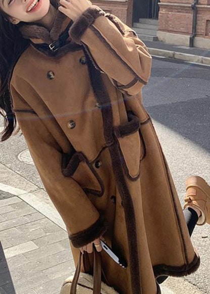 Boutique Khaki Pockets Patchwork Faux Suede Fleece Wool Lined Coat Winter YY008