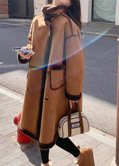 Boutique Khaki Pockets Patchwork Faux Suede Fleece Wool Lined Coat Winter YY008