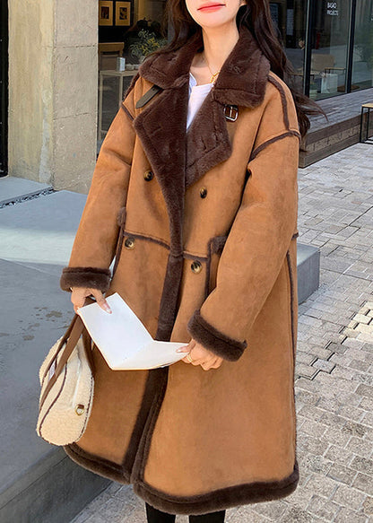 Boutique Khaki Pockets Patchwork Faux Suede Fleece Wool Lined Coat Winter YY008