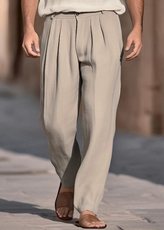 Solid Pants Men High Summer Khaki Boutique Cotton Waist Wrinkled