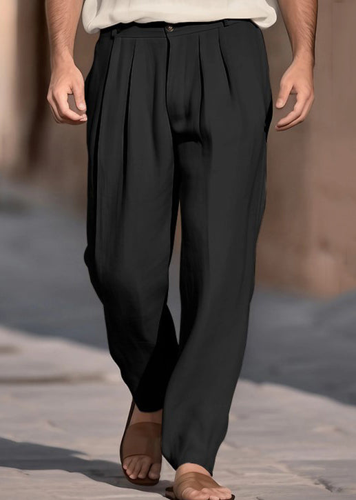 Solid Pants Men High Summer Khaki Boutique Cotton Waist Wrinkled