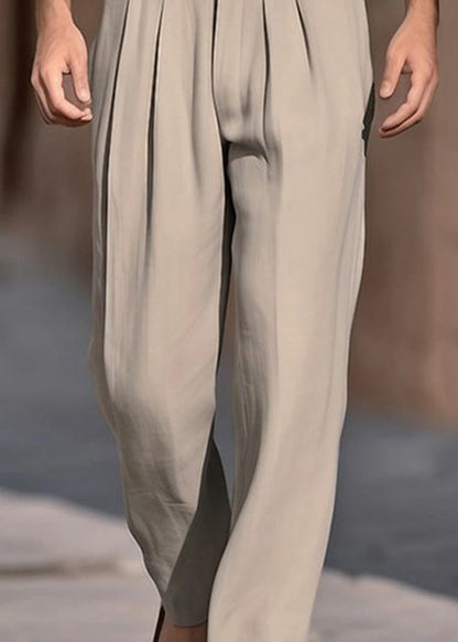 Solid Pants Men High Summer Khaki Boutique Cotton Waist Wrinkled