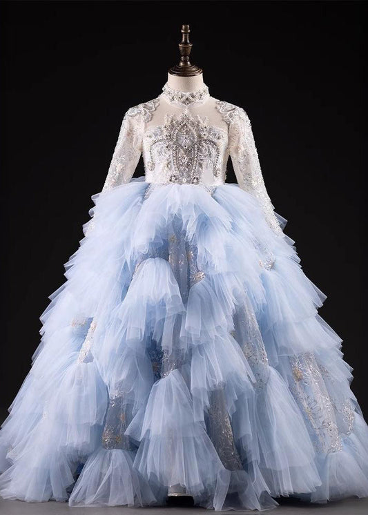 Spring Nail Blue Light Bead Maxi Kids Dresses Boutique Tulle