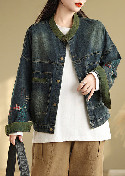 Boutique Navy Embroidered Patchwork Denim Coat Spring TM002