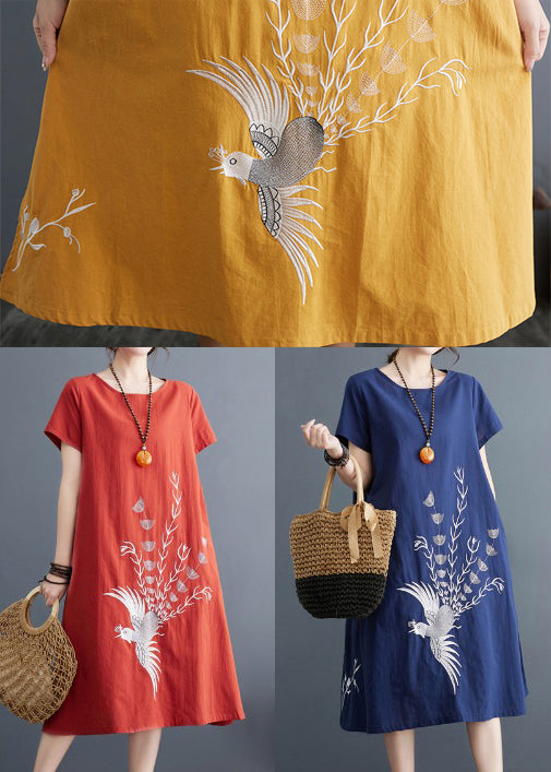 Linen Navy Summer Phoenix Embroidered Boutique Dress