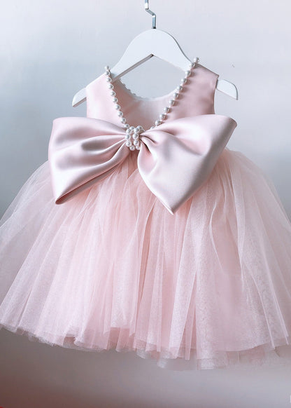 Boutique Pink Nail Bead Bow Tulle Kids Maxi Dresses Sleeveless YS034