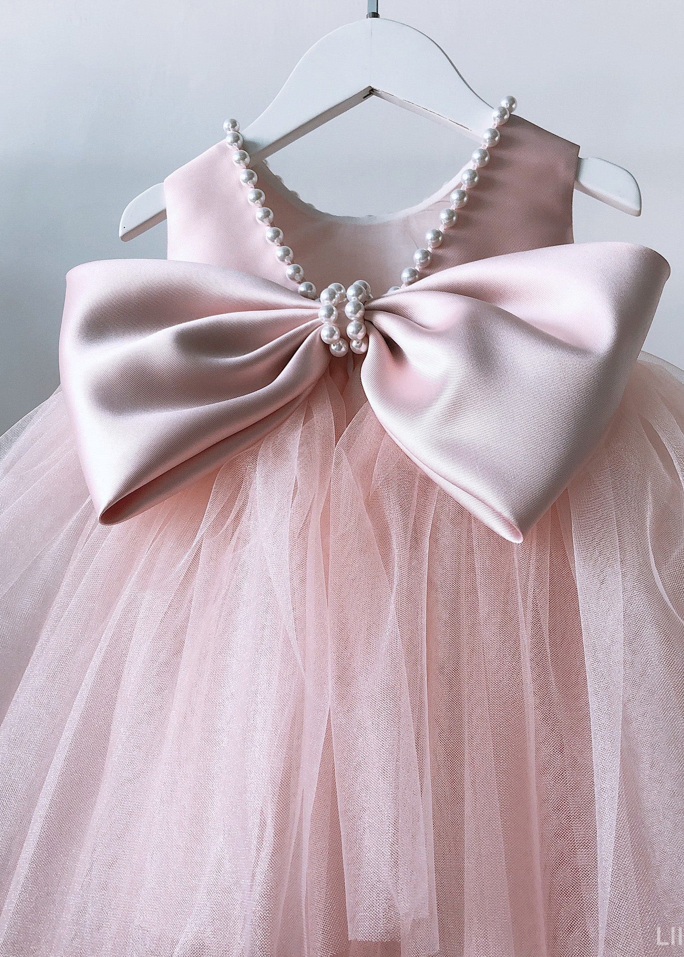 Boutique Pink Nail Bead Bow Tulle Kids Maxi Dresses Sleeveless YS034