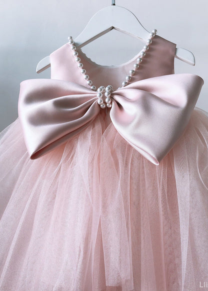 Boutique Pink Nail Bead Bow Tulle Kids Maxi Dresses Sleeveless YS034
